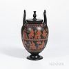Encaustic Decorated Black Basalt Vase and Cover, England, 19th century, urn finial and upturned loop handles, iron red, black and white