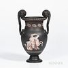 Encaustic Black Basalt Volute Krater Urn, England, 19th century, iron red, black, and white with a maiden on horseback below a running