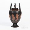 Wedgwood Encaustic Decorated Black Basalt Vase and Cover, England, 19th century, urn finial and upturned loop handles, iron red, black