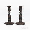 Pair of Wedgwood Encaustic Decorated Black Basalt Candlesticks, England, early 19th century, iron red and white with bands of foliage,