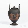Wedgwood Encaustic Decorated Black Basalt Vase and Cover, England, 19th century, upturned loop handles, iron red, black, and white, wit