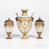 Three Wedgwood Gilded and Bronzed Queensware Vases, England, c. 1885, single with upturned loop handles, floral festoons terminating at