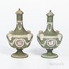 Two Wedgwood Tricolor Jasper Dip Barber Bottles and Covers, England, 19th century, each with applied white relief, green ground and lil