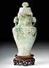 Chinese Qing Jade Lidded Vase on Carved Wood Stand
