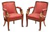 Pair Empire Style Swan Figural Open Armchairs