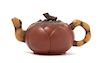 A Yixing Pottery Teapot Height 3 5/8 x width over handle 7 inches.