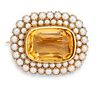A 15CT CITRINE AND SPLIT PEARL BROOCH, the rectangular mixe