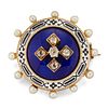 A VICTORIAN DIAMOND, PEARL AND ENAMEL BROOCH, the round bro