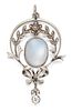 AN EARLY 20TH CENTURY MOONSTONE AND DIAMOND PENDANT, the ce
