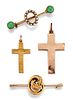 TWO GOLD CROSSES AND TWO GOLD BROOCHES, a bright cut engrav