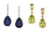 A PAIR OF 9 CARAT GOLD TANZANITE AND DIAMOND EARRINGS AND A