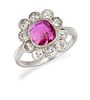 A PLATINUM RUBY AND DIAMOND CLUSTER RING, the cushion cut r