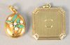 Two lockets, one topped with green enameling and pearls, one modified square, 32.5 gr. Provenance: Estate of Marilyn Ware, Strasburg, Pennsylvania.
