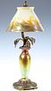A STEUBEN AURENE LAMP BASE WITH TIFFANY SHADE