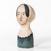 Painted Papier-mache Milliner's Model, 19th century, with painted facial and clothing details, calfskin-covered head, ht. 15 in.