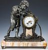 A 19TH CENTURY FRENCH SPELTER STATUE CLOCK WITH MARBLE