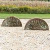 Pair of English Carved Red Sandstone Demi-Lune Garden Roundels