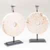 Pair of Carved Coral Stone Discs Mounted as Lamps
