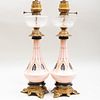 Pair of French Painted Opaline Glass Oil Lamps Fitted as Electric Lamps