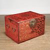 Large antique Chinese red lacquer trunk