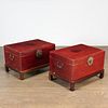 Pair Chinese brass mounted red lacquered trunks