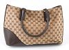 Gucci Dark Brown Leather and Monogrammed Canvas Hasler Tote Handbag, the exterior with a red and green strap and a golden horsbit ac...