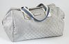 Gucci Silver Monogrammed Canvas Collapsible Carry-On Duffle Bag 40 Shoulder Bag, with blue, grey and white canvas straps, the top zi...