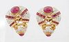Pair of 18K Yellow Gold Earrings, in the form of hot air balloons, mounted with cabochon rubies and small round diamonds, with Omega...