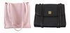 Two Vintage Bags, one Desmo pink shoulder bag with double pink leather handles and gold hardware, the interior of the bag lined in b...