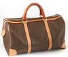 Celine Brown Macadam Coated Canvas Boston Tote Handbag, the exterior with light brown leather strips and handles with golden brass h...