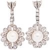 CULTURED PEARLS AND DIAMONDS EARRINGS. PALLADIUM SILVER