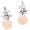 EARRINGS WITH CORALS AND DIAMONDS. PALLADIUM SILVER