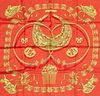 Hermes 'Les Cavaliers D'or' Silk Scarf, by Vladimir Rybaltchenko, first issued in 1975, featuring a gold animal and woven ribbon mot...