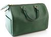 Louis Vuitton Speedy Green Epi Calf Leather 25 Handbag, with black stitching and golden brass hardware, opening to a green suede in...