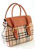 Burberry Light Brown Leather with Woven Nova Check Canvas Flap Cabas Handbag, the adjustable straps with brushed gold buckle, openin...