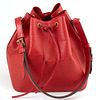 Louis Vuitton Noe Red PM Epi Leather Shoulder Bag, with red stitching and brass hardware, opening to a red suede interior with key r...