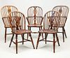 Three Assembled English Elmwood Windsor Armchairs and Two Windsor Side Chairs