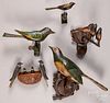 Five carved and painted bird on perch groups