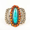 Native American Navajo Turquoise, Coral Sterling Silver Cuff