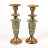 Pair Of Green Marble And Brass Candle Holders