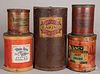 Five pressboard country store canisters & barrel