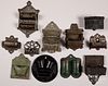 Eleven cast iron and tin wall mount match safes