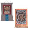 Lote de 2 Thangkas. Tibet, siglo XX. Temple sobre tela con aplicaciones de textil bordado. Dedicadas a las diosas Ekajati y Lakshmi.