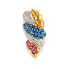 A 18k two-color gold, ruby, sapphire and diamond brooch