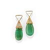 A couple of 18K yellow gold, emerald and diamond pendant earrings