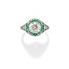 A platinum, diamond and emerald ring