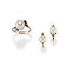 A 18K two-color gold, cultured pearl and diamond earrings and ring