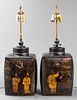 Chinoiserie Black Tole Canister Form Lamps, Pair