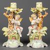 Meissen Style Painted Figural Candlesticks, Pair