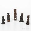 Five Wood Dayak Amulet Figures, Kalimantan, Borneo, Indonesia, three wood charms, a figurative stopper and a mythological creature, on